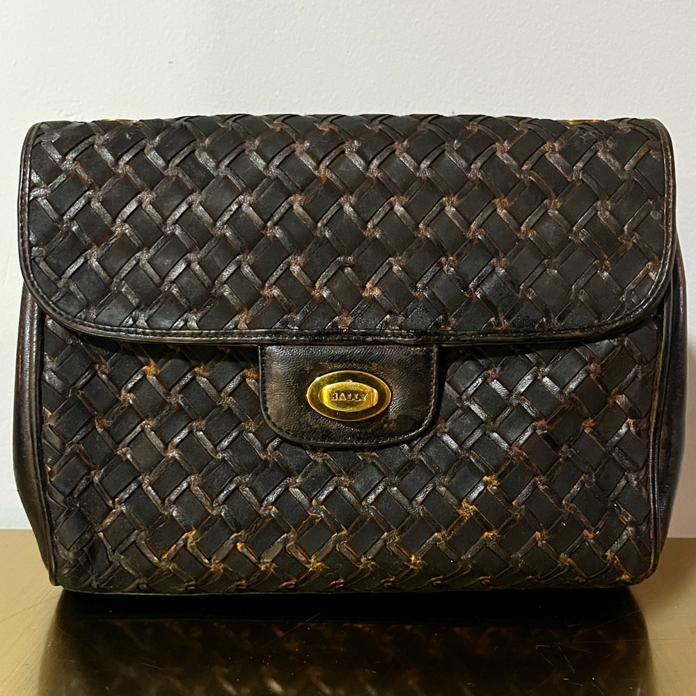 Bally Vintage Woven Leather Clutch Black Gold Turn Lock Italy